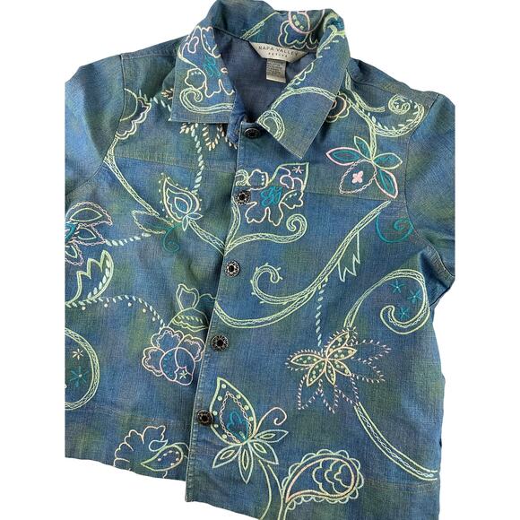 Funky Denim Patterned Embroidered Tie-Dye Button-Up Collared Jean Jacket PM - Picture 2 of 4